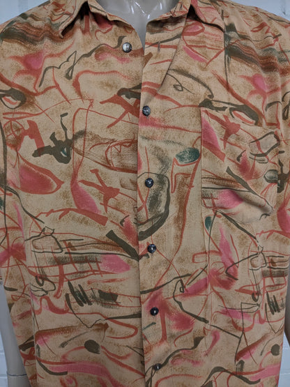 Vintage 80-90er Lässiges Country-Hemd mit kurzen Ärmeln. Orange-grün-roter Druck. Größe 3XL / XXXL.