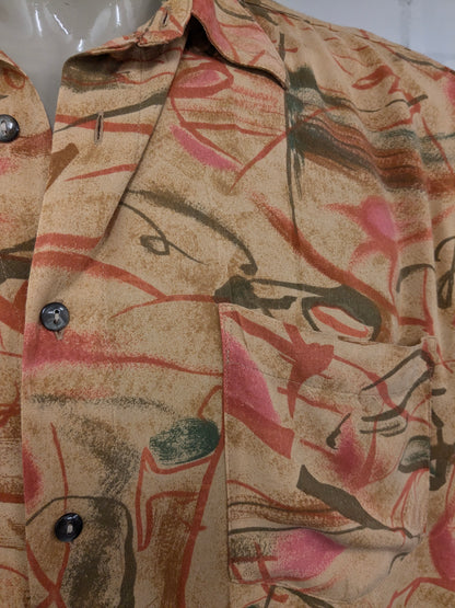 Vintage 80-90er Lässiges Country-Hemd mit kurzen Ärmeln. Orange-grün-roter Druck. Größe 3XL / XXXL.