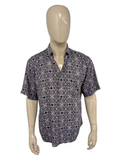 Vintage Euforia overhemd korte mouw. Paars Blauwe print. Maat XL.