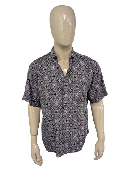 Vintage Euforia overhemd korte mouw. Paars Blauwe print. Maat XL.