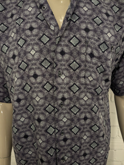 Vintage Euforia overhemd korte mouw. Paars Blauwe print. Maat XL.