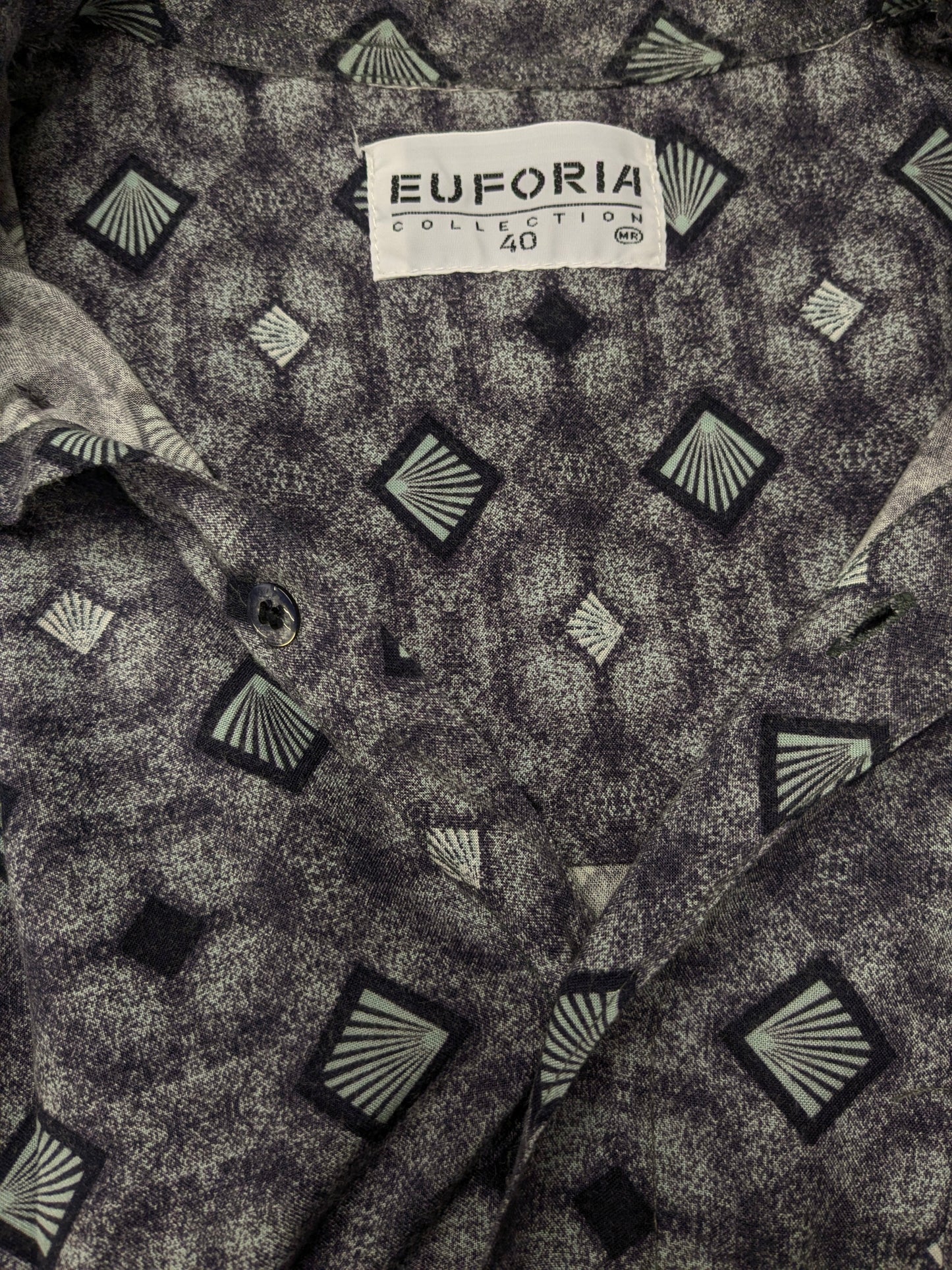 Vintage Euforia overhemd korte mouw. Paars Blauwe print. Maat XL.