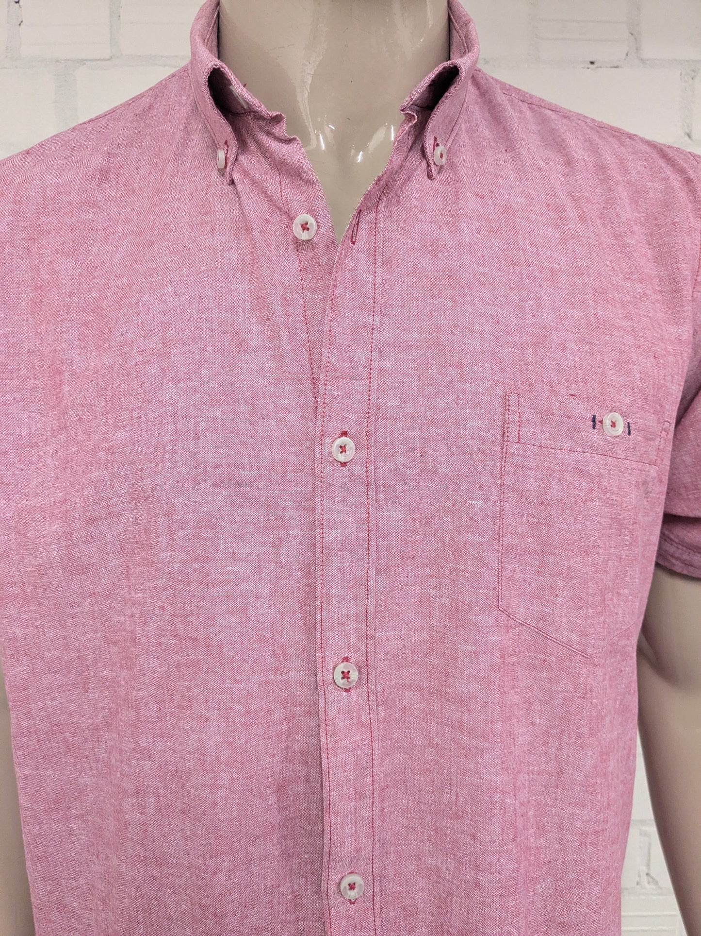 Lerros Katoen Linnen overhemd korte mouw. Rood gemêleerd. Maat XL.