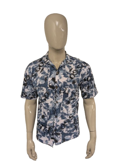 Vintage Let's Go-Shirt mit kurzen Ärmeln. Blauer Schwarz-Weiß-Druck. Größe L.