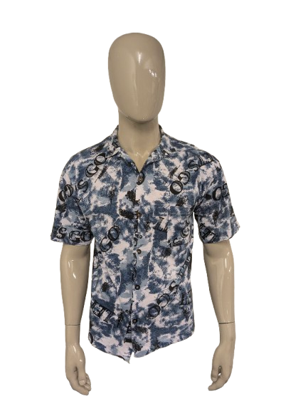 Vintage Let's Go overhemd korte mouw. Blauw Zwart Witte print. Maat L.