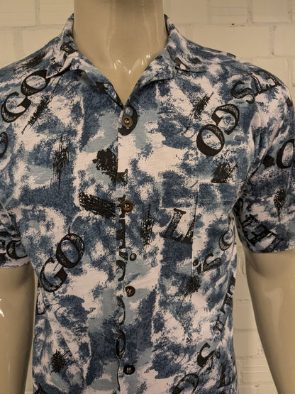 Vintage Let's Go-Shirt mit kurzen Ärmeln. Blauer Schwarz-Weiß-Druck. Größe L.