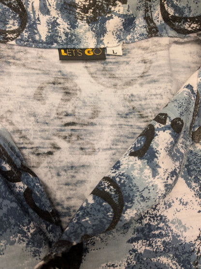 Vintage Let's Go-Shirt mit kurzen Ärmeln. Blauer Schwarz-Weiß-Druck. Größe L.