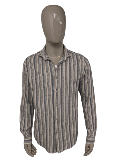 Camisa desgastada. Rayas azul beige. Talla L. Ajuste regular.