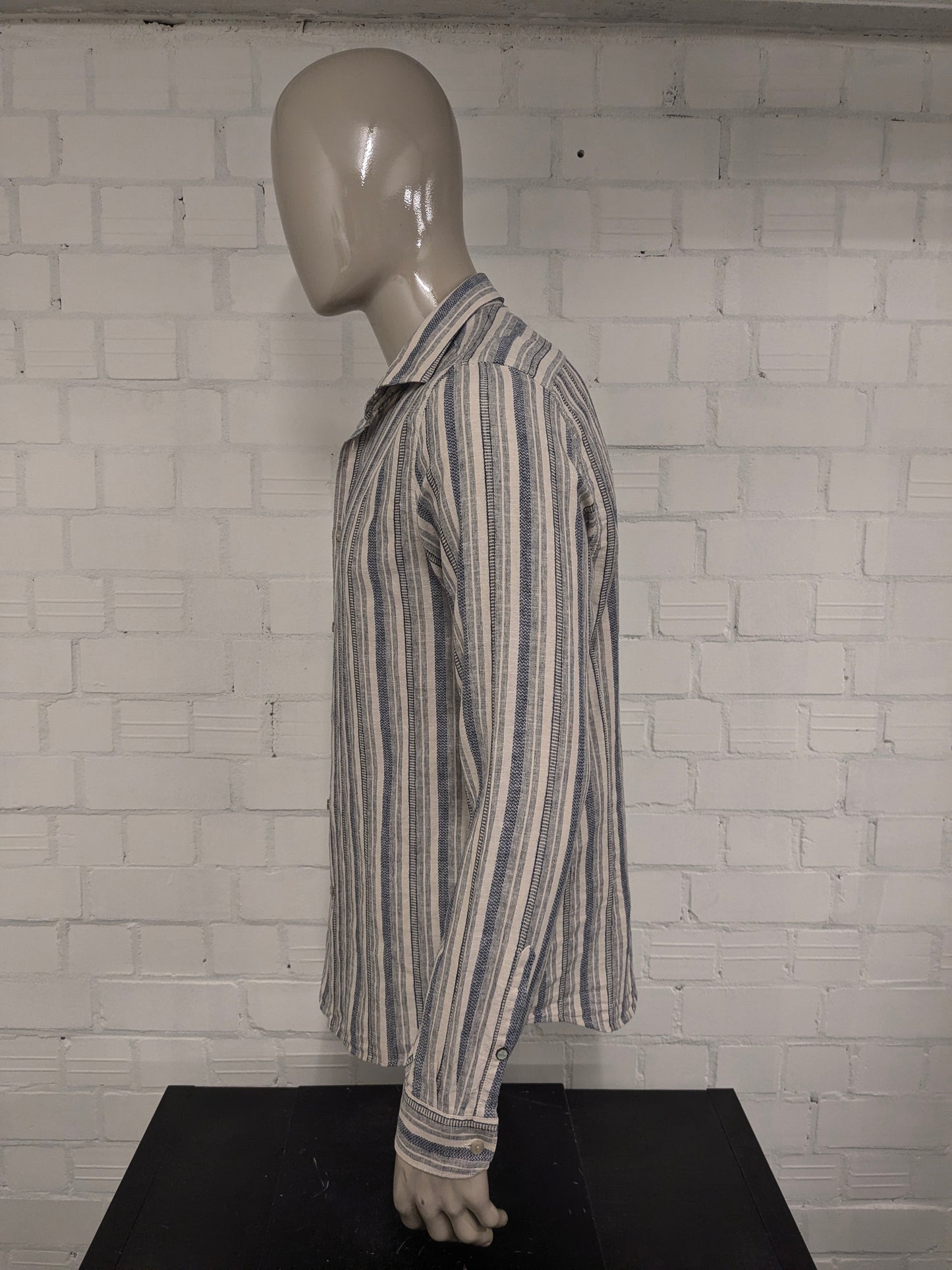 Dstrezzed overhemd. Beige Blauw gestreept. Maat L. regular fit.