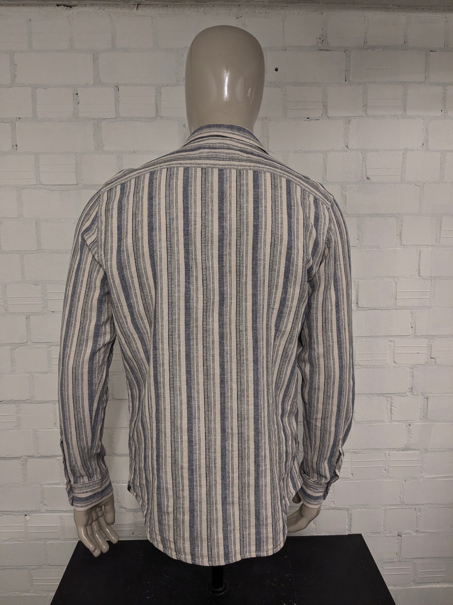 Dstrezzed overhemd. Beige Blauw gestreept. Maat L. regular fit.