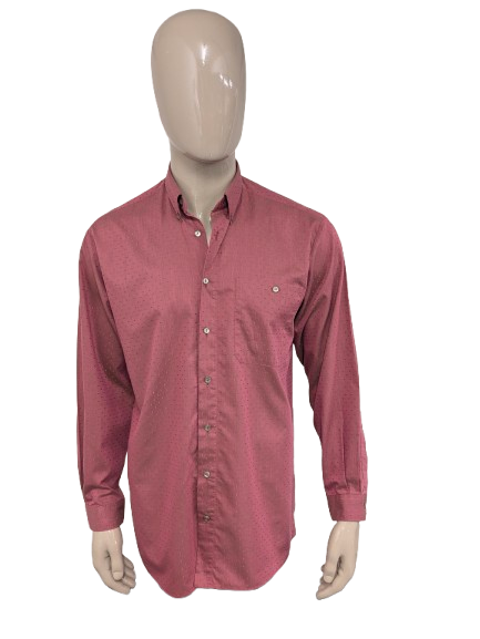 Vintage Leonardo overhemd. Licht glanzend. Rood met groene stippen. Maat L.