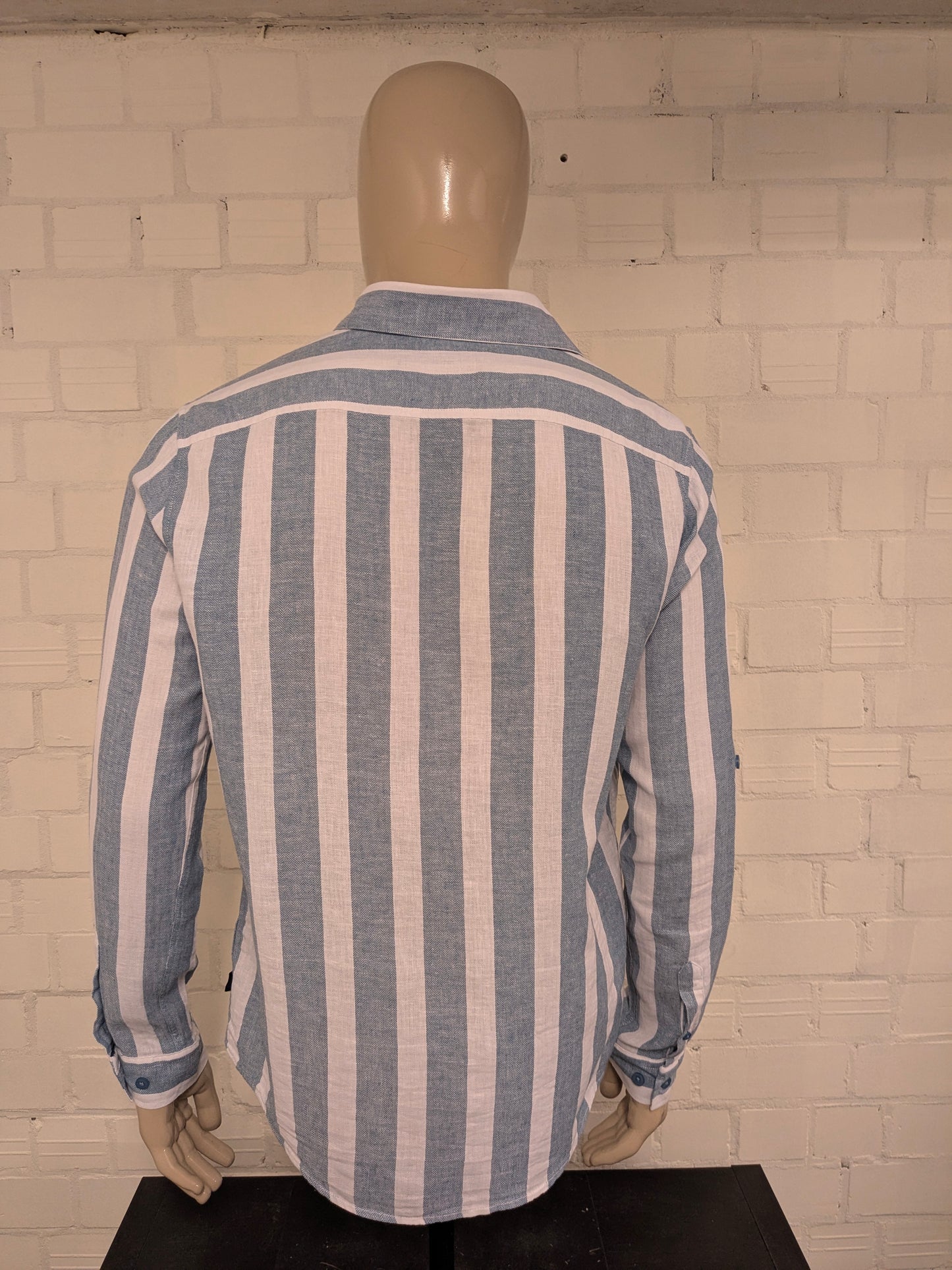 Unicode Linnen overhemd. Blauw Wit gestreept motief. Maat L.