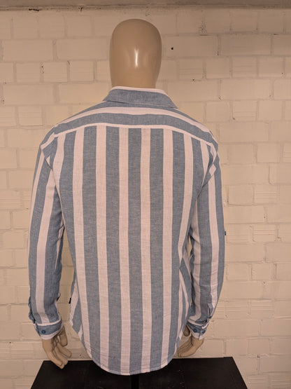 Unicode Linnen overhemd. Blauw Wit gestreept motief. Maat L.