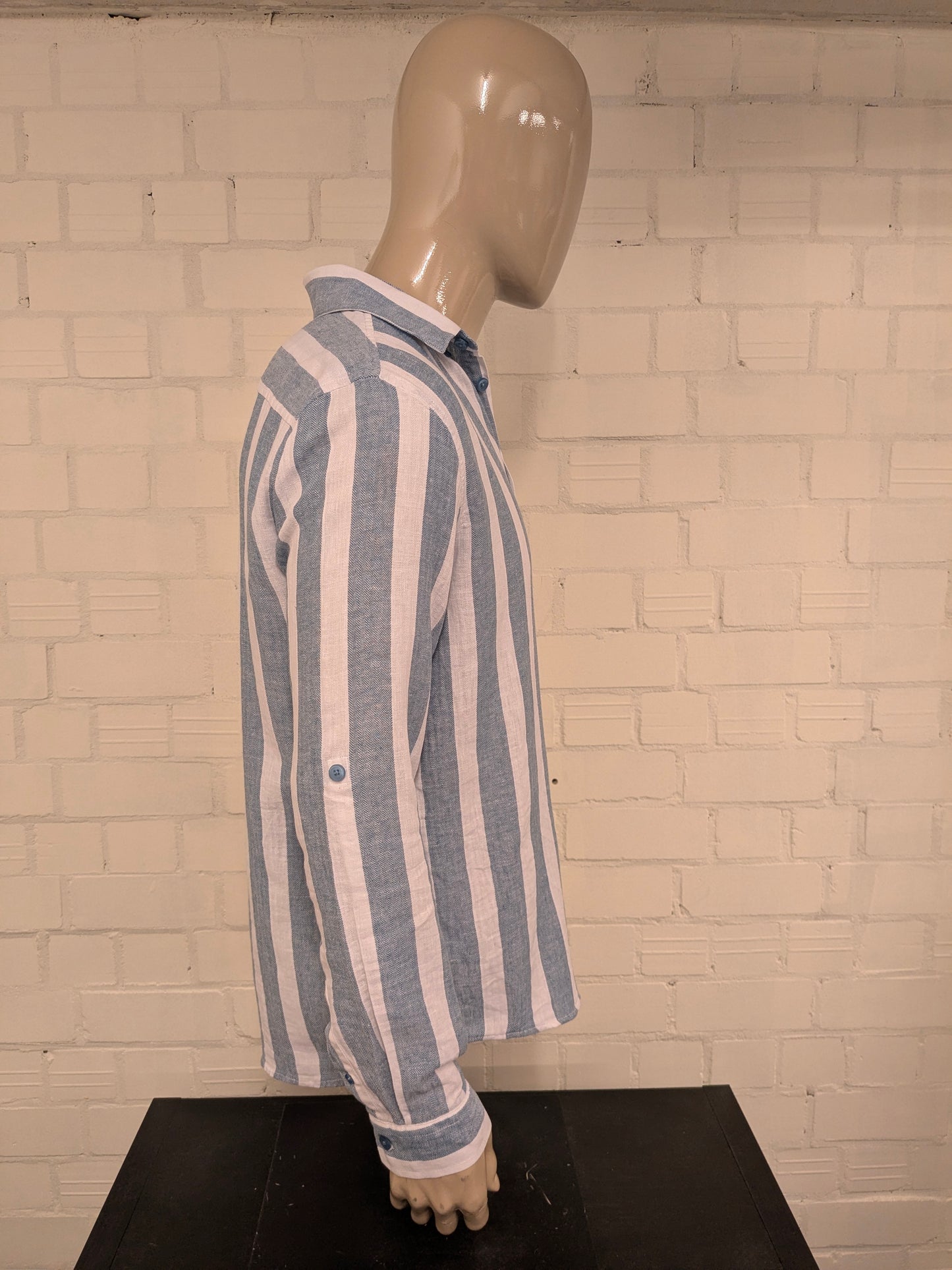 Unicode Linnen overhemd. Blauw Wit gestreept motief. Maat L.