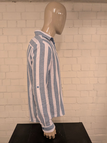 Unicode Linnen overhemd. Blauw Wit gestreept motief. Maat L.