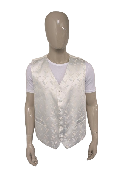 Heiroom gilet. Beige Blauw licht glanzend blad motief. Maat 3XL / XXXL.