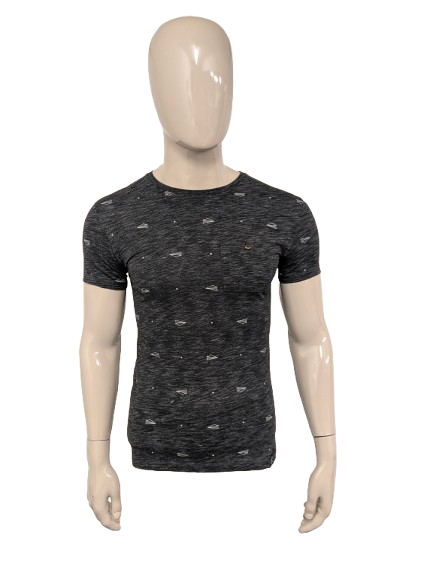 Kultiviertes Hemd. Schwarzgrau gemischt mit Aufdruck. Größe XS.