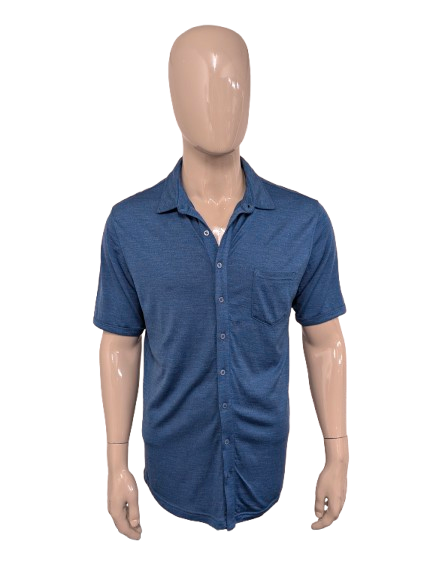 Joe Merino merino wollen overhemd korte mouw. Blauw gemêleerd. Maat L (2XL).