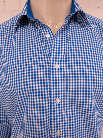 Royal Class overhemd. Blauw Wit geblokt. Maat L. slim fit.
