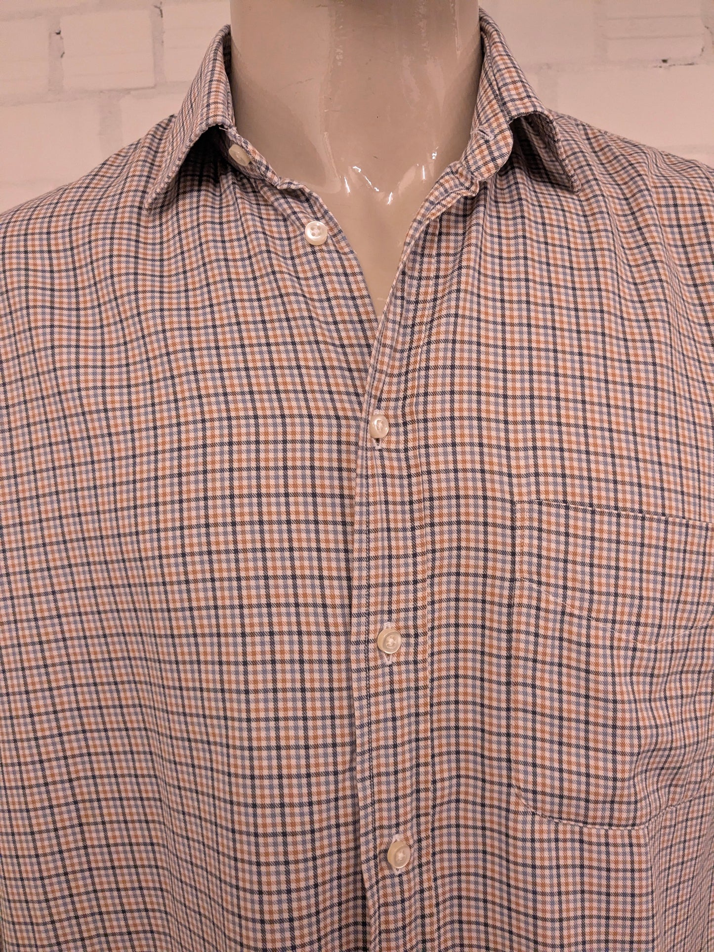 F.G. van den Heuvel overhemd. Bruin Grijs Zwart geruit. Maat 2XL / XXL.