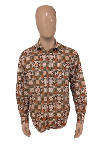 Mexx-Shirt im Vintage-Stil. Orange-grün-weißer Druck. Größe XL.