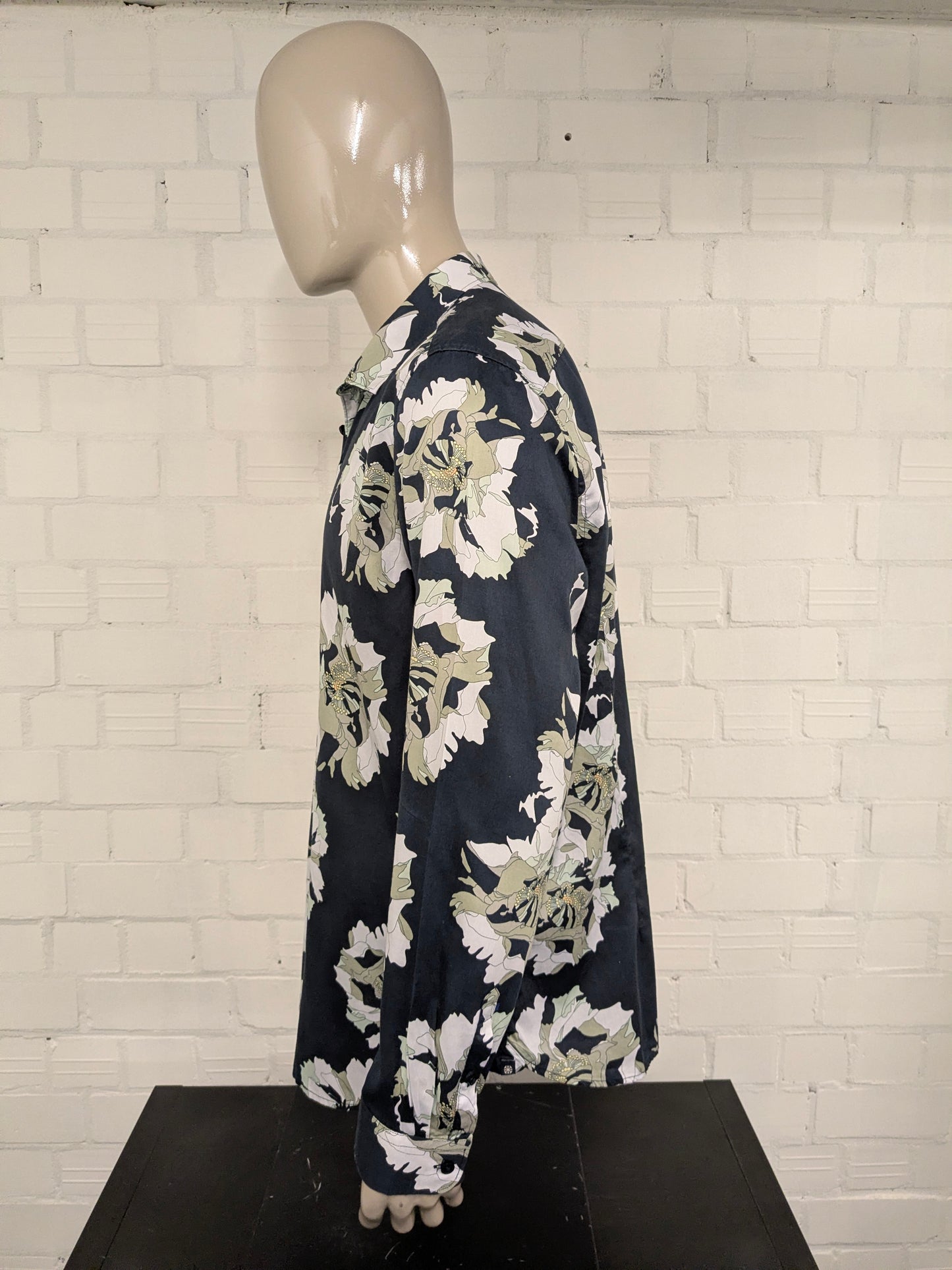 Dstrezzed overhemd. Blauw Groen Witte bloemen print. Maat 2XL / XXL. regular fit.