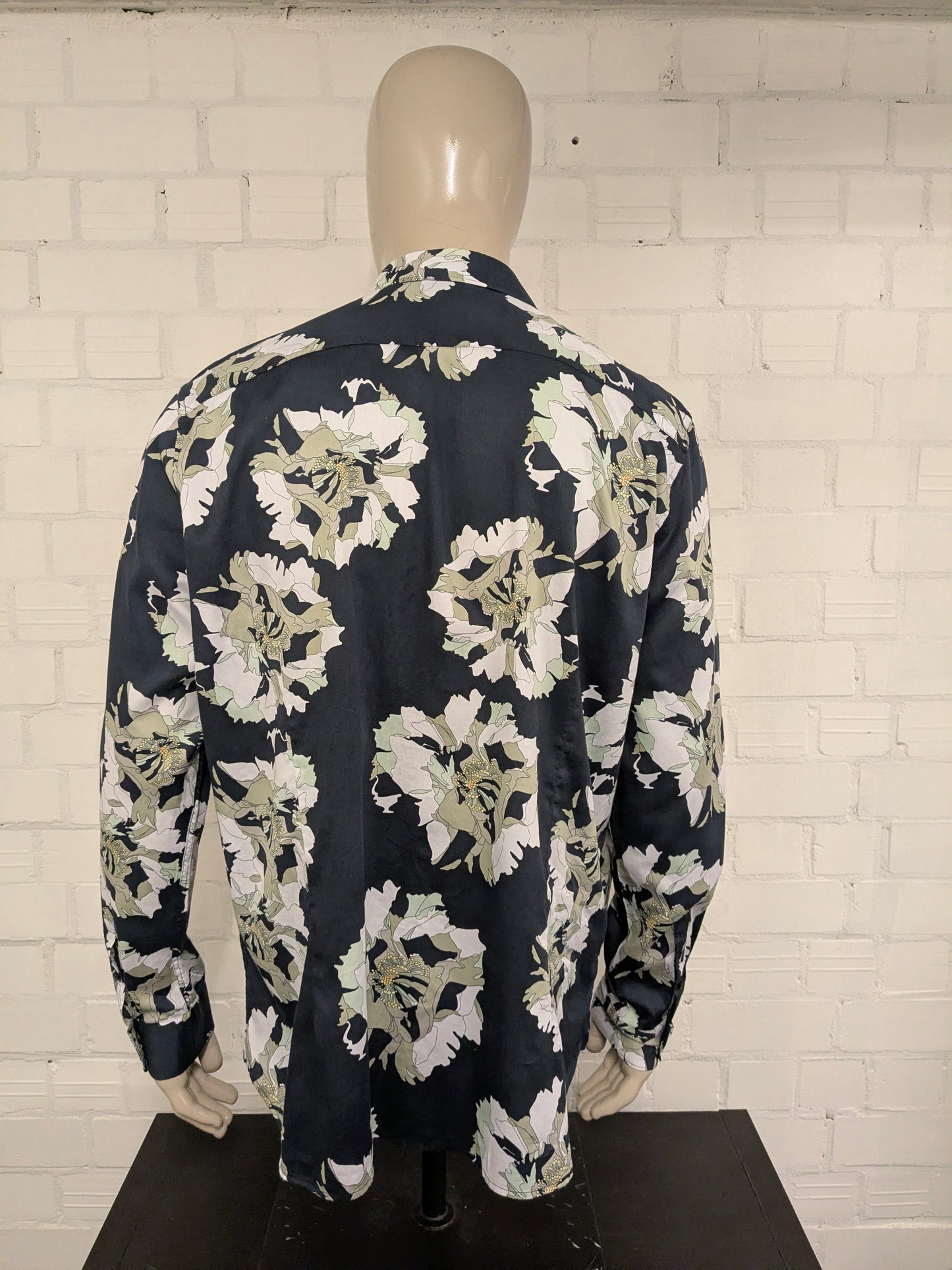 Dstrezzed overhemd. Blauw Groen Witte bloemen print. Maat 2XL / XXL. regular fit.