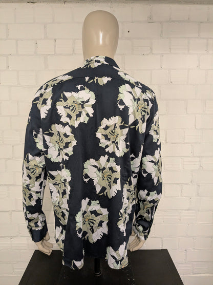 Dstrezzed overhemd. Blauw Groen Witte bloemen print. Maat 2XL / XXL. regular fit.