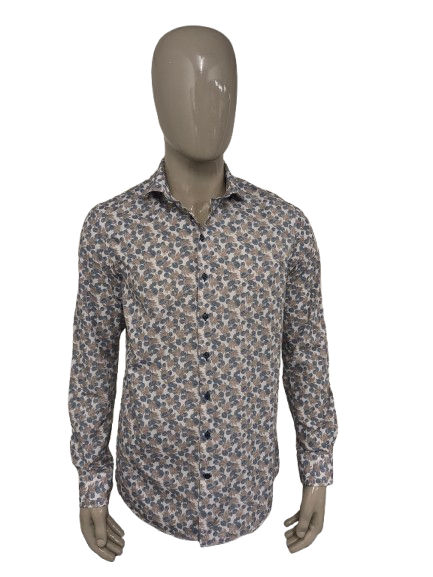 R2 Amsterdam overhemd. Blauw Bruin Wit Bladeren print. Maat L.