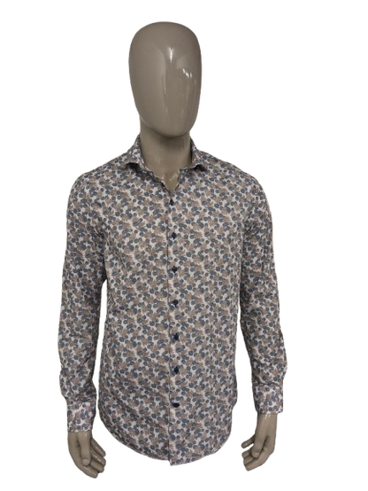 R2 Amsterdam overhemd. Blauw Bruin Wit Bladeren print. Maat L.