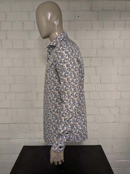 R2 Amsterdam overhemd. Blauw Bruin Wit Bladeren print. Maat L.