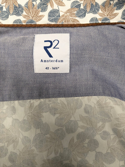 R2 Amsterdam overhemd. Blauw Bruin Wit Bladeren print. Maat L.