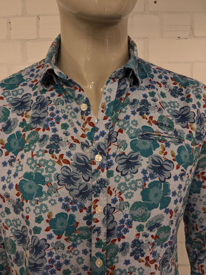 NZA New Zealand Auckland shirt. Blue Green Red Floral print. Size L.