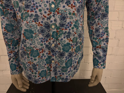 NZA New Zealand Auckland shirt. Blue Green Red Floral print. Size L.
