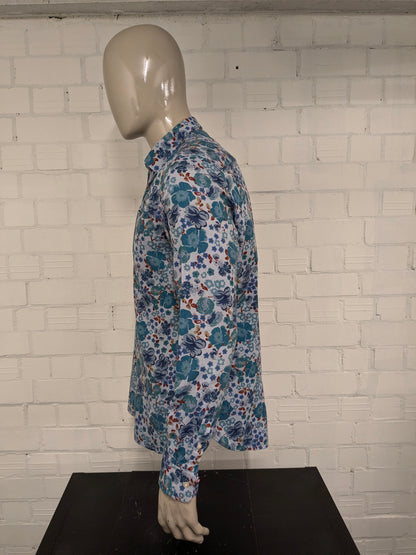 NZA New Zealand Auckland shirt. Blue Green Red Floral print. Size L.