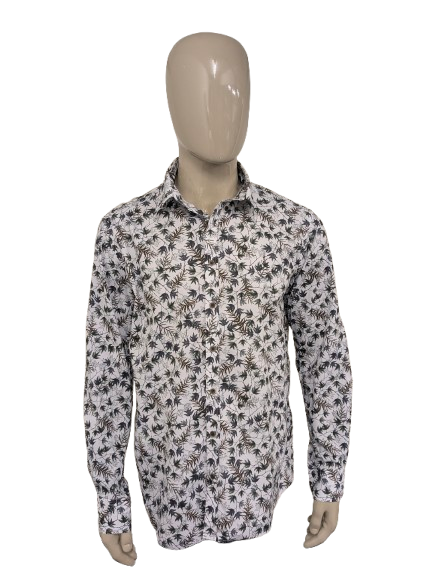 State of Art overhemd. Grijs Bruin Blauw Blad motief. Maat XL.