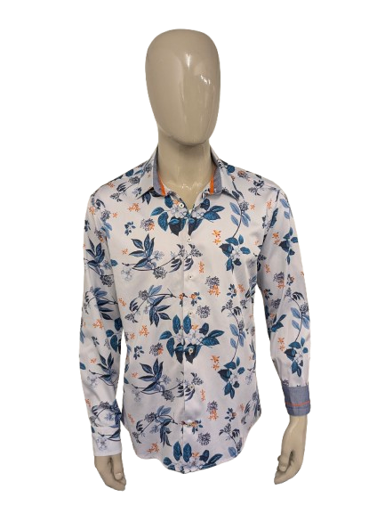 WAM Klassisches Hemd. Blau-Orange-Weiß-Blumendruck. Größe XL. maßgeschneiderte Passform.