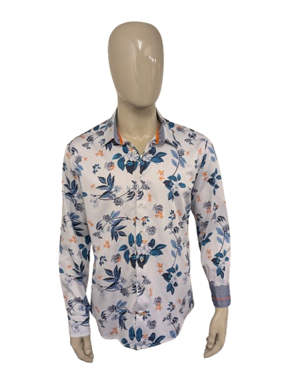 WAM Classic overhemd. Blauw Oranje Witte Bloemen print. Maat XL. tailored fit.