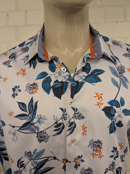 WAM Classic overhemd. Blauw Oranje Witte Bloemen print. Maat XL. tailored fit.