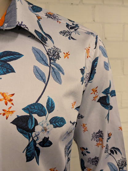 WAM Classic overhemd. Blauw Oranje Witte Bloemen print. Maat XL. tailored fit.
