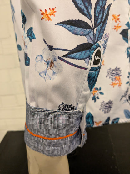 WAM Classic overhemd. Blauw Oranje Witte Bloemen print. Maat XL. tailored fit.
