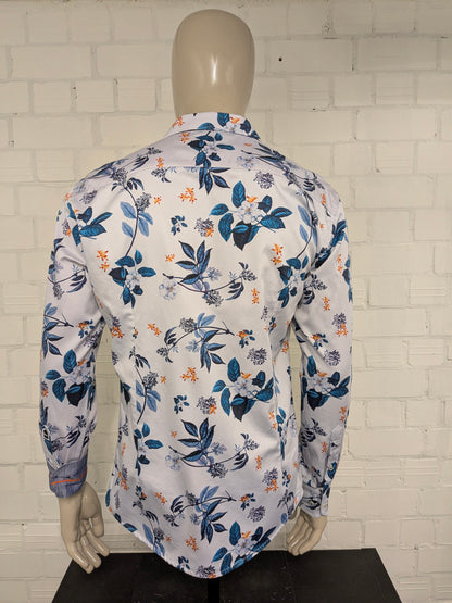 WAM Classic overhemd. Blauw Oranje Witte Bloemen print. Maat XL. tailored fit.