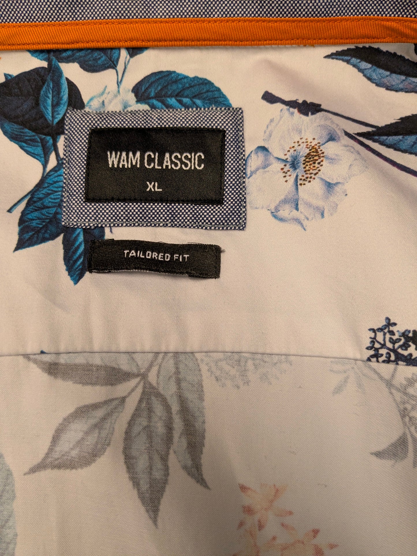 WAM Classic overhemd. Blauw Oranje Witte Bloemen print. Maat XL. tailored fit.