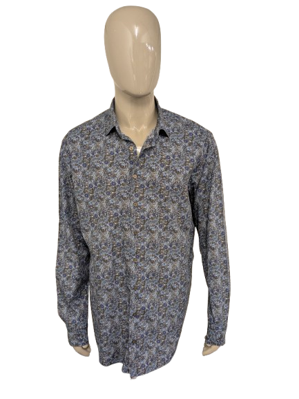 Haupt overhemd. Blauw Bruin Beige Bloemen print. Maat 2XL / XXL.