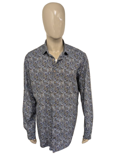 Haupt overhemd. Blauw Bruin Beige Bloemen print. Maat 2XL / XXL.
