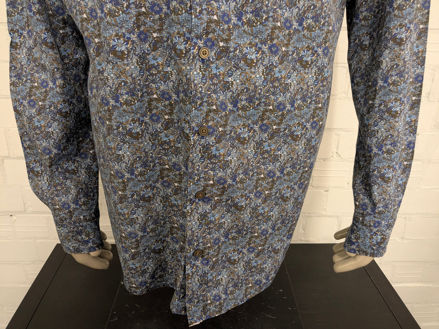 Haupt overhemd. Blauw Bruin Beige Bloemen print. Maat 2XL / XXL.