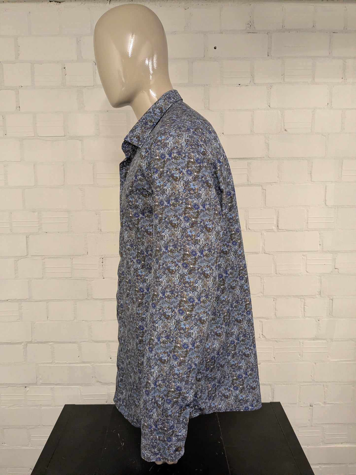 Haupt overhemd. Blauw Bruin Beige Bloemen print. Maat 2XL / XXL.