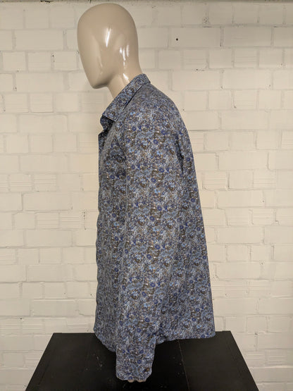 Haupt overhemd. Blauw Bruin Beige Bloemen print. Maat 2XL / XXL.