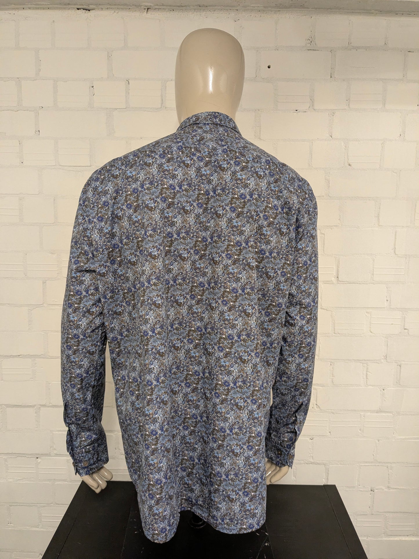 Haupt overhemd. Blauw Bruin Beige Bloemen print. Maat 2XL / XXL.