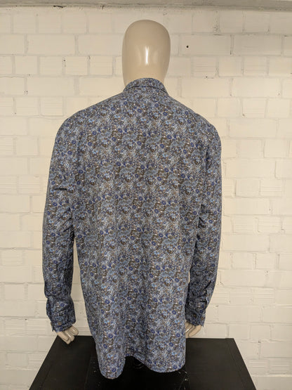 Haupt overhemd. Blauw Bruin Beige Bloemen print. Maat 2XL / XXL.